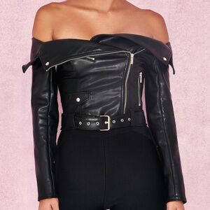 Off-Shoulder Black Leather Belted Jacket